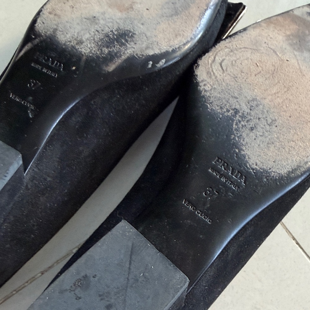 Prada Black Suede Square Buckle Low Heel Pumps - Picture 3 of 6